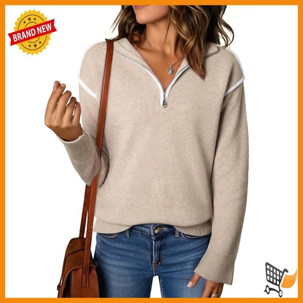 V-Neck Quarter Zip Pullover Sweater, Ribbed Knit, Long Sleeve, Dressy Casual